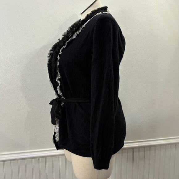 Peck & Peck Collection Size XL Cardigan Sweater Wool Cashmere Black Ruffle Lace - Picture 16 of 16